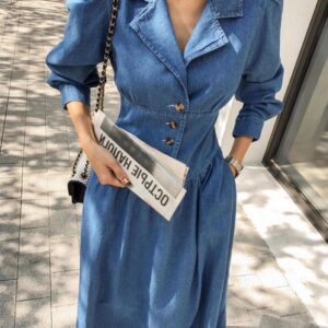 เดรสยีนส์ กระโปรงยาว หลังสม๊อค กระดุมช่วงเอว Free Size