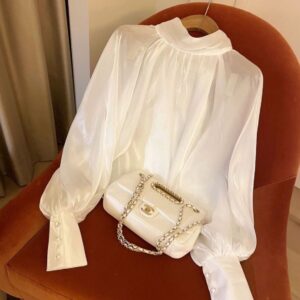 เสื้อแขนยาวซีทรู แขนพอง มีกระดุม ด้านหน้าผ้าทึบ Free Size