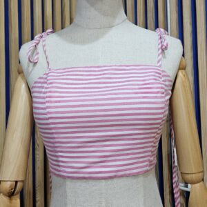 เสื้อครอปลายชมพู-ขาว สายผูกคอ ด้านหลังสม๊อค ผ้ายืด Size S